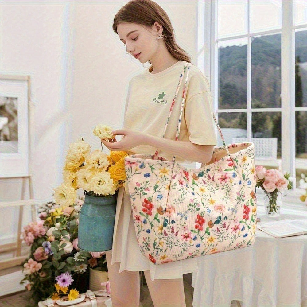 Corduroy Tote Bags for Women Shoulder Cord Purse with Inner Pocket, Large Capacity Tote Purse Reusable Grocery Shoulder Bag