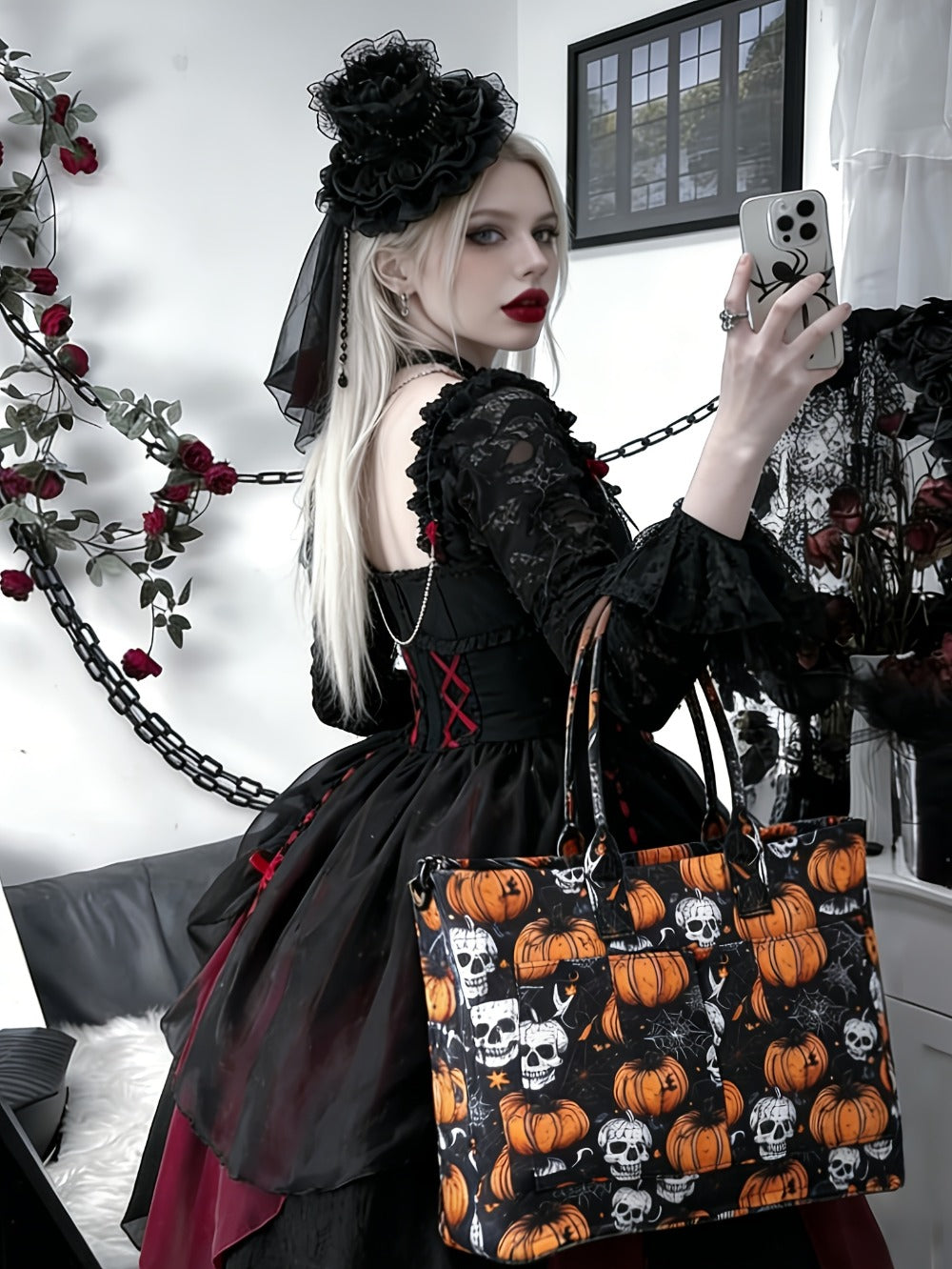 Discount - Ladies' Large-capacity Handbag, Featuring Three-color Top Handles (pumpkin Skull, Peach And Daisy Patterns), Polyester Lining, with Detachable Shoulder Straps - Durable, Casual Sporty Design, Holiday Gift.
