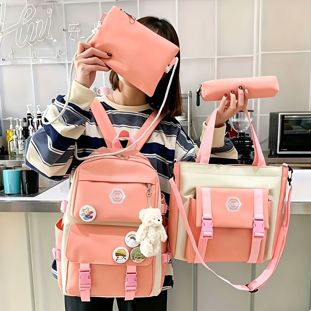 4pcs/Set Easy Leisure Backpack Large Capacity Schoolbag Travel Bag Canvas Shoulder Bag, for Teenager, For Teenager