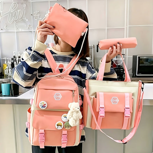 4pcs/Set Easy Leisure Backpack Large Capacity Schoolbag Travel Bag Canvas Shoulder Bag, for Teenager, For Teenager