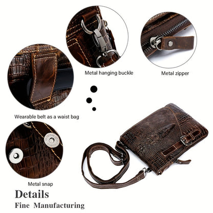 1pc Crocodile Pattern Men's Genuine Leather Messenger Bag Cow Genuine Leather Shoulder Bag Retro Multi-Functional Messenger Bag