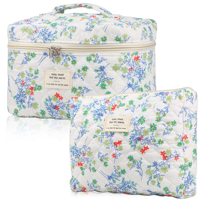 2 Pcs Cute Makeup Bag for Women, Travel Cosmetic Bags, Quilted Coquette Aesthetic Floral Toiletry Organizer Bag