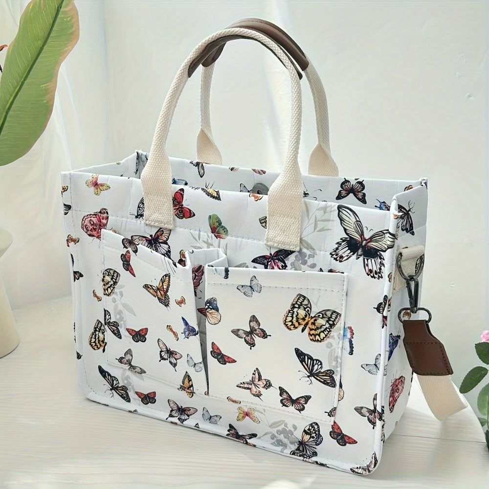 Butterfly Tote Bag for Women Patched Purse Cute Shoulder Bag Multi-Pocket Satchel Handbag for Work Books Travel, Bag Solely