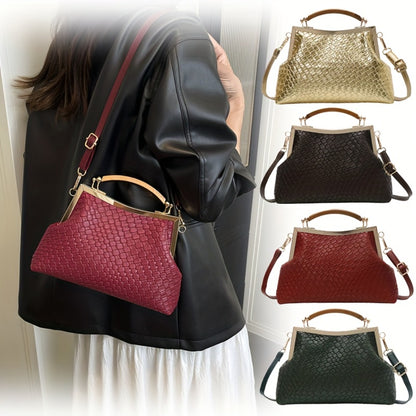 1pc Women'S Elegant Synthetic Crossbody Bag with Detachable Strap And Kiss Lock Closure - Luxury Embossed Design, Golden-Tone Hardware, - Coffee Brown, Red, Green, Black for Weddings, Parties, Evening Events