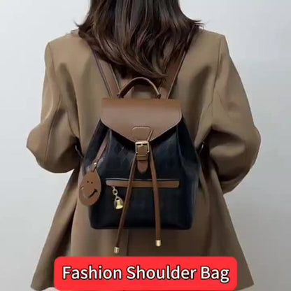 Women's Professional & Everyday Backpack - Coffee Brown & Black -like Bag with Adjustable Strap, Golden Buckle, Zipper Closure - Lightweight Purse for Work, Travel, College, Casual Outings - Gift Idea with Face Charm Charm, Playful Design, Durable Constru