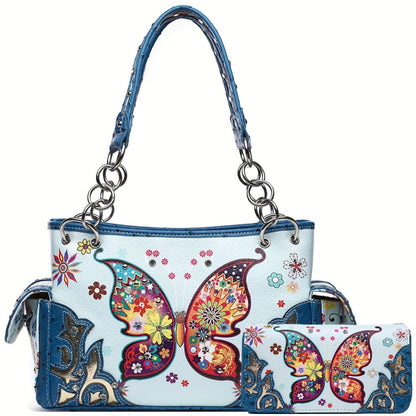Butterfly Flower Western Hidden Spring Handbag, Country Tote Bag, Women's Shoulder Bag and Wallet Set, Ideal Christmas Gift