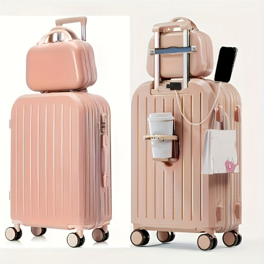 1pc/2pcs Minimalist Solid Color Luggage Case, Hard Shell Zipper Trolley Case With Square Small Makeup Handbag For Travel/Home Storage