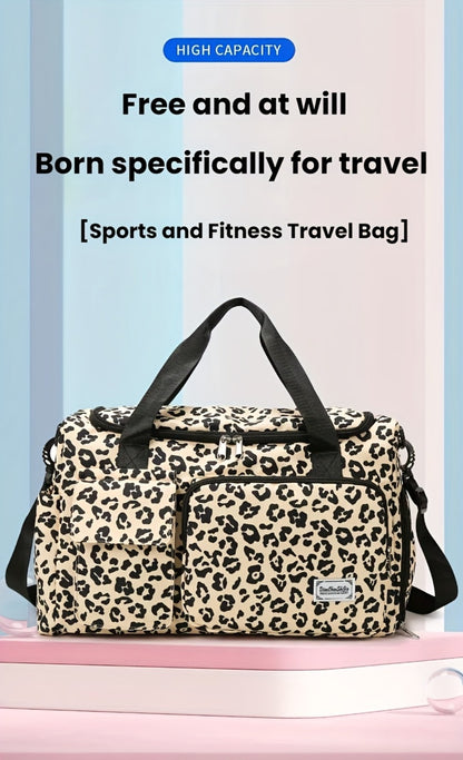 Large Size Large-Capacity Leopard Print Travel Duffel Bag with Multiple Compartments, Shoe Compartments And Spacious Overnight Carry-On Design-Durable Nylon Leisure Sports Fitness Bag, Suitable for Women, Gym, Travel, Weekend Travel, Fitness Bag