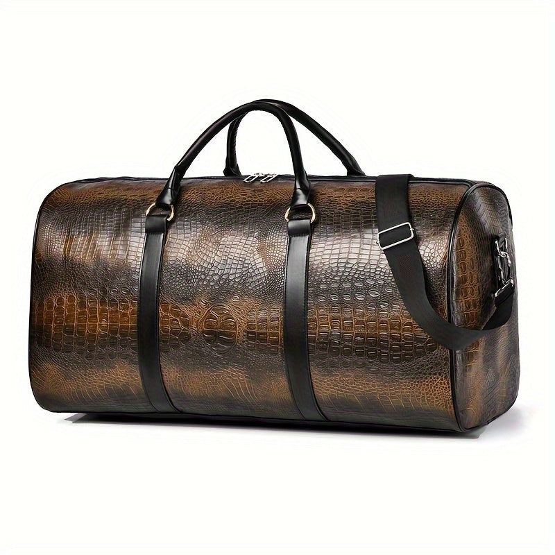 Vintage Crocodile Pattern Luggage | Retro Style | Large Capacity | Black And Dark Brown | Multifunctional Travel Handbag with Shoulder Strap