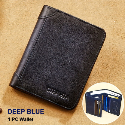 1pc Men's Genuine Leather Zipper Wallet, Top Layer Cowhide RFID Blocking Wallet, Vintage Multi-functional Wallet with 2 ID Card Windows, Ideal Gift for Men