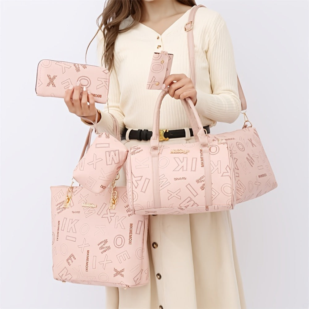 6pcs/Set Women'S Fashion Retro Letter Print Shoulder Bag, Handbag, Wallet, Key Bag, Six-Piece Set, Commuting, Casual, Shopping, Tote Bag, Women'S Bag Set