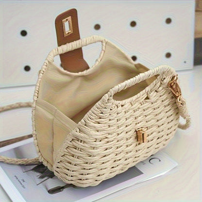 Beige Woven Straw Crossbody Bag with Lid Closure & Golden-Tone Hardware - Lightweight Elegant Design, Polyester Lining, Hand Wash/Dry Clean - Versatile for Daily Use & Travel, Secure Travel Purse, Durable Fabric Construction
