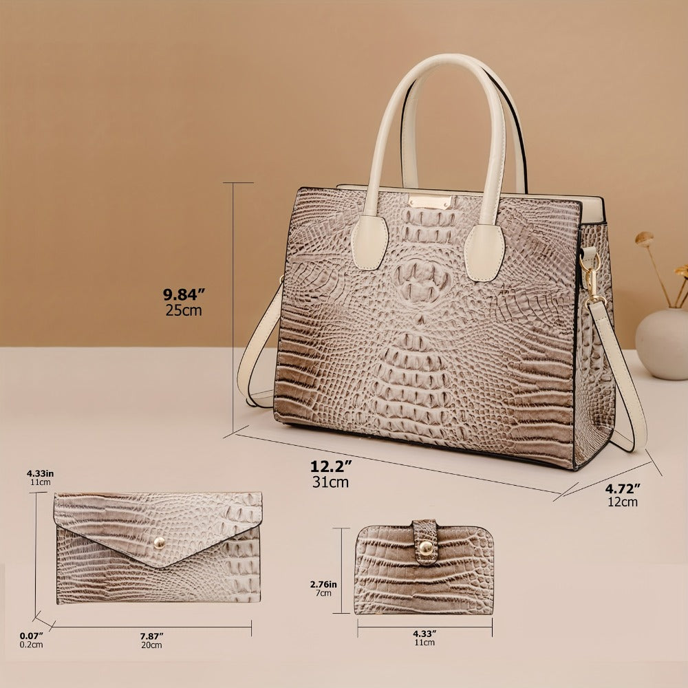 3pcs Women's Large Capacity Retro Crocodile-Print Tote Bag Suitable for, Travel, - Detachable Strap & Zipper Closure,, Stylish Handbag & Purse