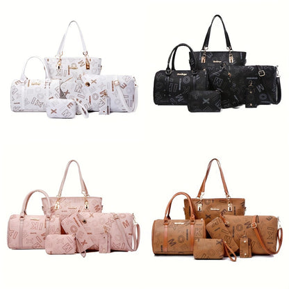 6pcs/Set Women'S Fashion Retro Letter Print Shoulder Bag, Handbag, Wallet, Key Bag, Six-Piece Set, Commuting, Casual, Shopping, Tote Bag, Women'S Bag Set