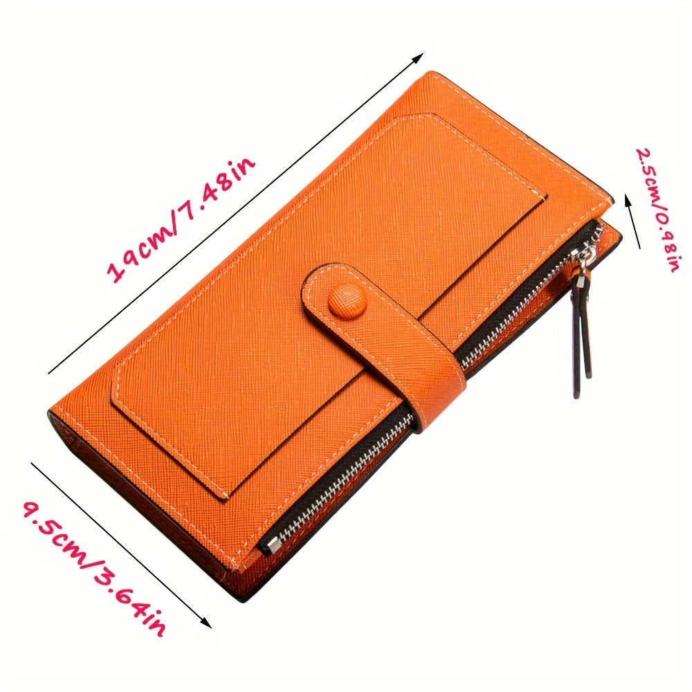 Women's Long Clutch Wallet, Retro Style Long Coin Purse, Foldable PU Leather Credit Card Holder With Zipper And Snap Closure