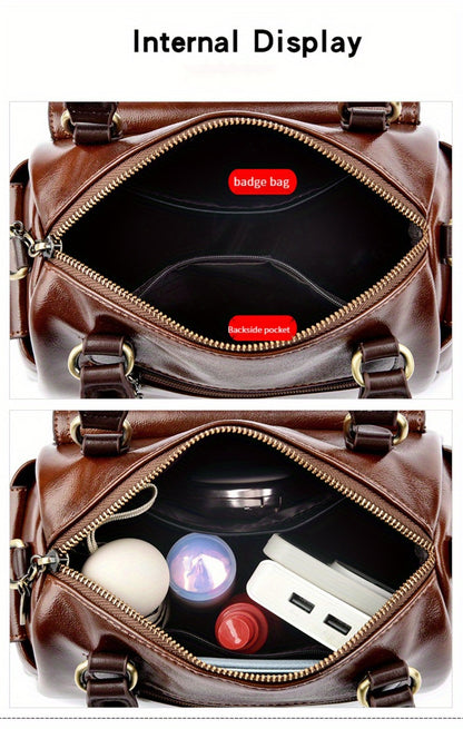 Women's Large Capacity PU Handbag & Crossbody Bag with Multi-Layer Pockets - Retro Style Handbags Suitable for Travel,, Shopping - Burgundy// - Zipper Closure & - Ideal Gift