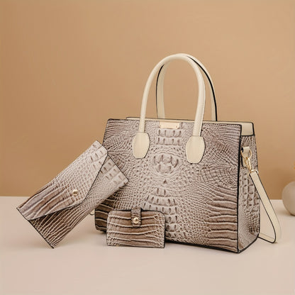 3pcs Women's Large Capacity Retro Crocodile-Print Tote Bag Suitable for, Travel, - Detachable Strap & Zipper Closure,, Stylish Handbag & Purse