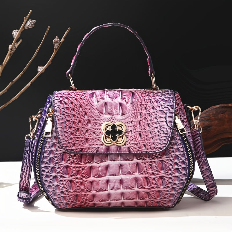 Classic Solid Color Mini Square Handbag, Crocodile Pattern Top Handle Bag for Women