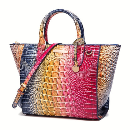 [Crocodile Patterned Handbag] Fashionable And Colorful Crocodile Patterned Handbag, A Visual Feast Of Multi-Color Gradient Fusion, Craftsmanship Texture, And Exquisite Metal Accessories Embellishment. Large Capacity Design Meets Diverse Needs