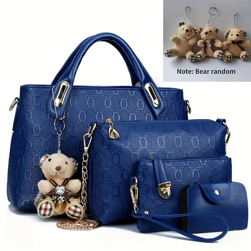 4pcs Women'S Fashionable Handbag Set, Women'S Bag Set, A Small Bear Pendant Is Included Randomly (color And Style Are Random), Very Suitable For Daily Commuting - Large Capacity Bag