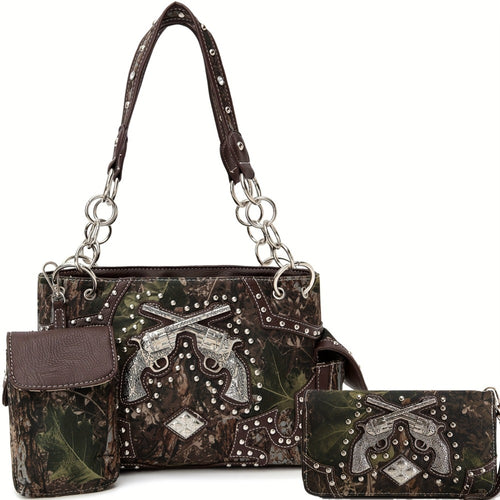 Camouflage Western Style Totes Studded Floral Handbag Tooled Purse Country Women Shoulder Bag Zipper Wallet Set