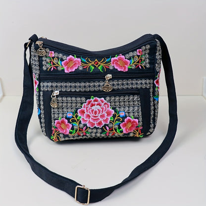 Retro Bohemian Flower Pattern Shoulder Bag, Classic Retro Zipper Crossbody Bag, Birthday Gift for Mom
