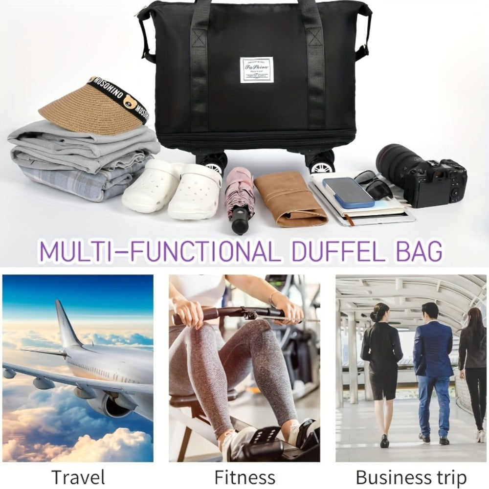 1pc-Large-capacity Foldable Travel Storage Bag, Durable Nylon Material, Black, Multifunctional Portable, with Wheels, Suitable for Outdoor Travel, Meeting The Requirements of Overhead Luggage Compartment of Aircraft.