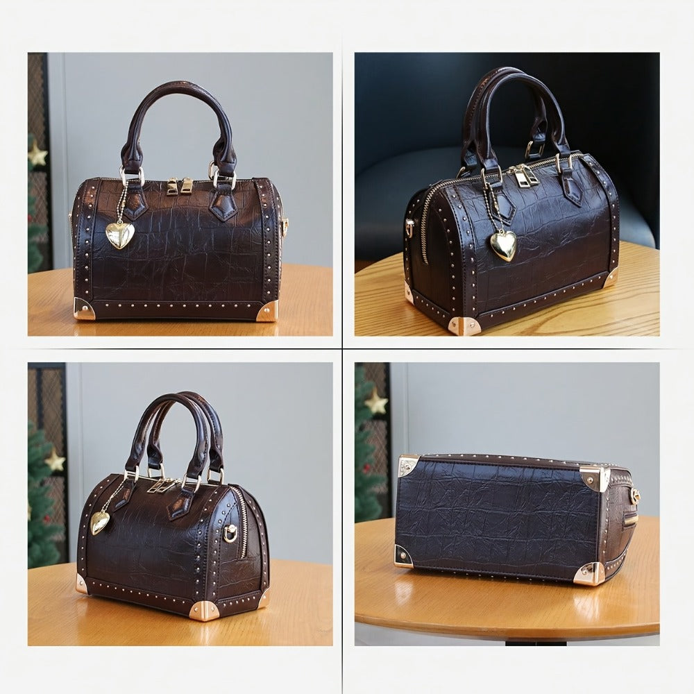 2026 New Stylish High-End Women'S Tote Bag, Large Capacity Boston Pillow Bag, Vintage Studded Box Bag, Trendy Street Style Versatile Handbag, Box Bag