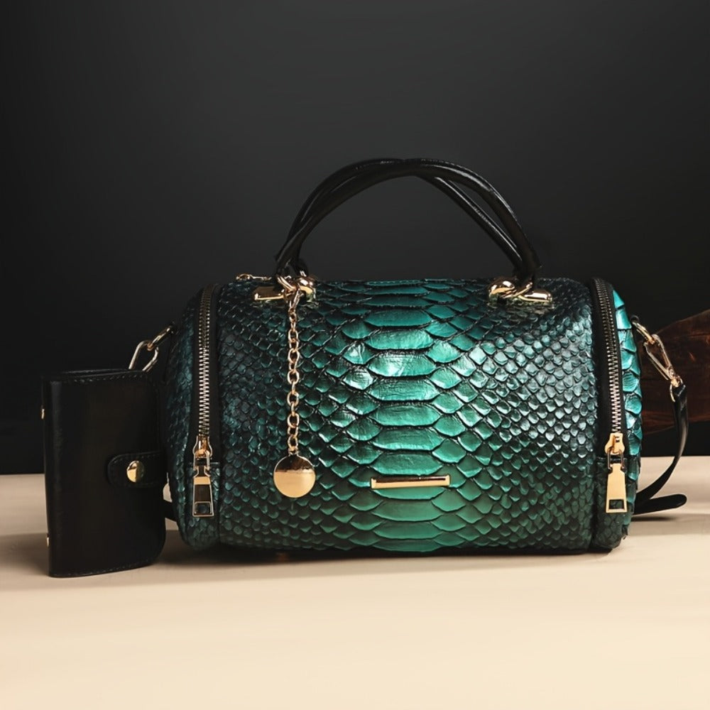 2pcs Retro Snake-Print Boston Bag - Large Capacity Crossbody/Handbag with Detachable Strap, Deep ///, Elegant Animal Pattern Handbags for & Travel, Durable & Easy Maintenance Suitable for Fashion