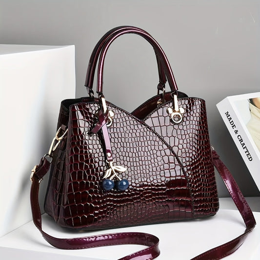 2022 Newest Trendy Women's Faux Crocodile-Texture Handbag with Cherry Pendant - Stylish Black and Red Shoulder and Crossbody Bag, Zip Closure, Polyester Lining, Edge Paint Detail, Crossbody Bag|Chic Shoulder Bag|Zippered Bag