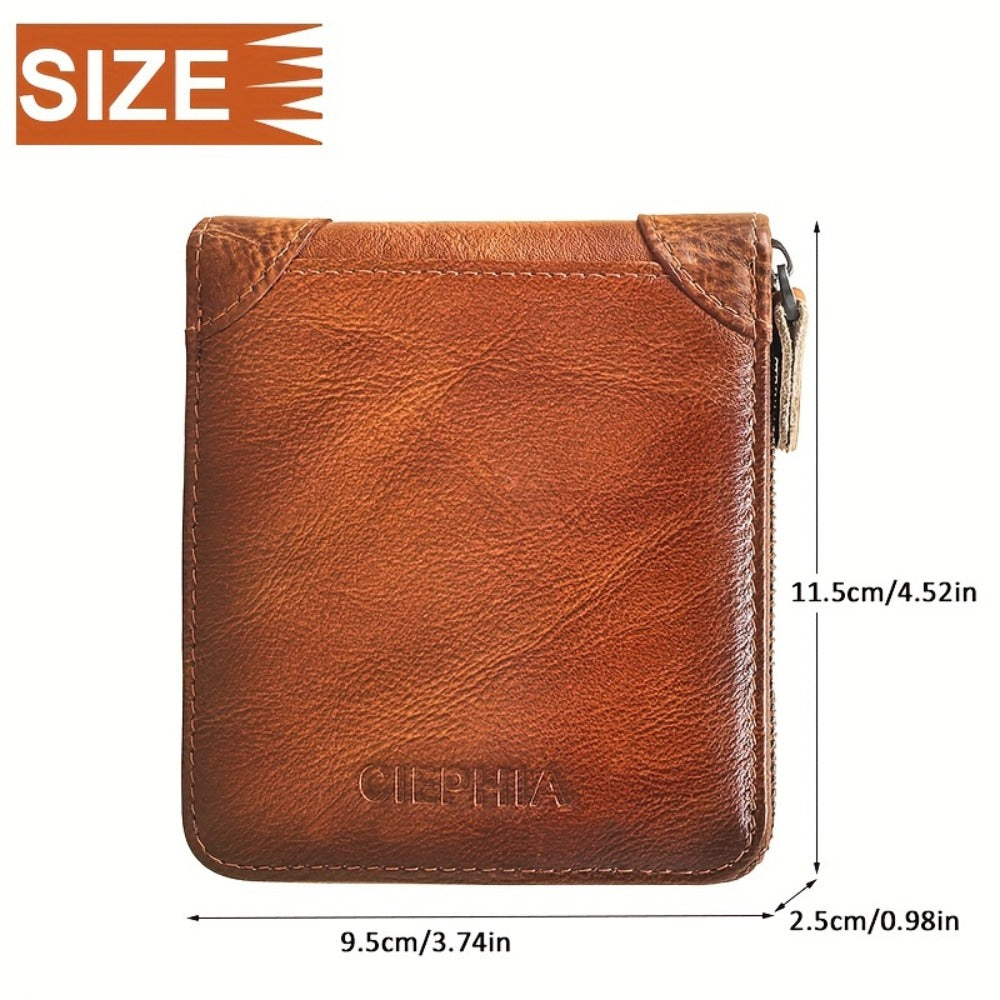 Men'S Genuine Leather Zipper Wallet RFID Secure Large Capacity Double Fold Multi-Card Top Layer Leather Wallets for Men And Coin Purse Christmas Father'S Day/Valentine'S Day/Anniversary Gift The Set Includes a Greeting Card