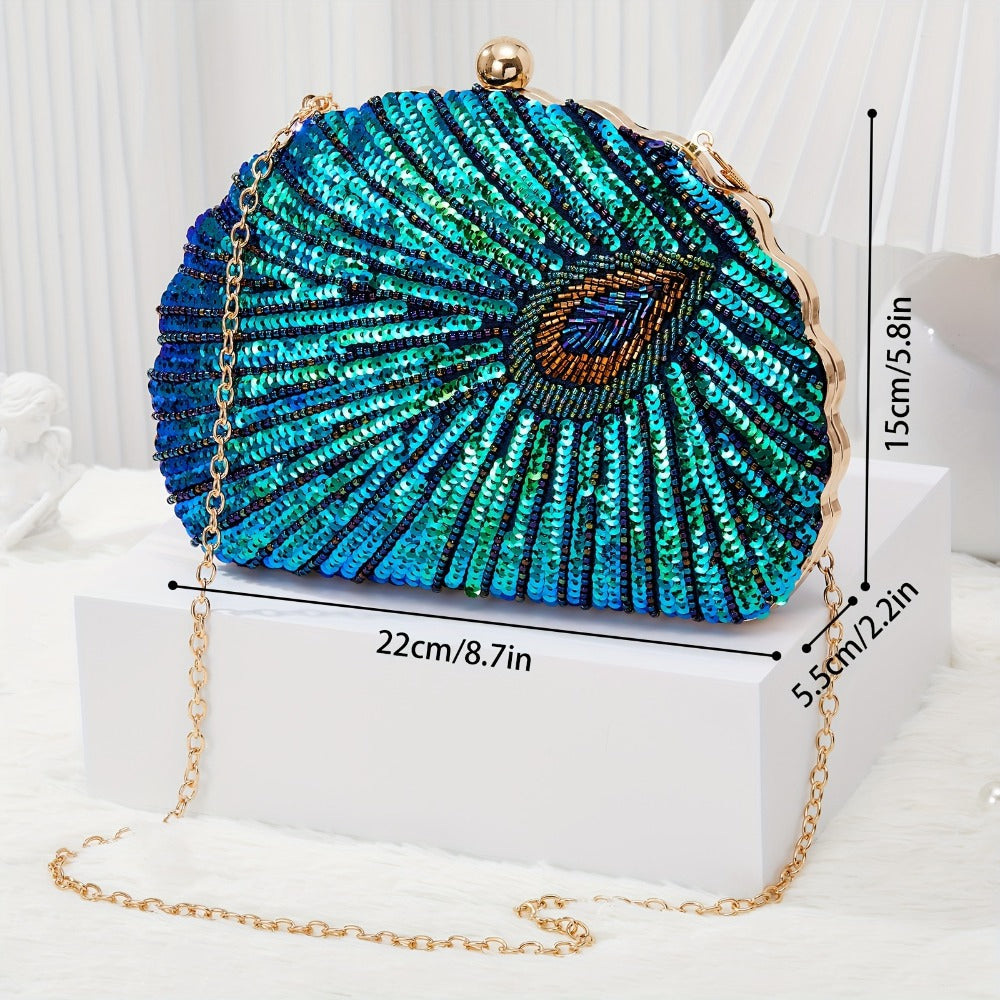 Sparkly Sequins Decor Evening Clutch Purse Luxury Peacock Feather Women Dinner Party Evening Bag Handbag For Wedding