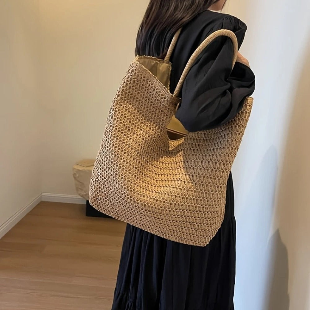 Ladies' Fashion Khaki Straw Tote BagLarge Capacity, Casual Woven Shoulder Handbag with Zipper Closure. Festival-themed, suitable for beach, shopping, picnic a must-have beach bag.