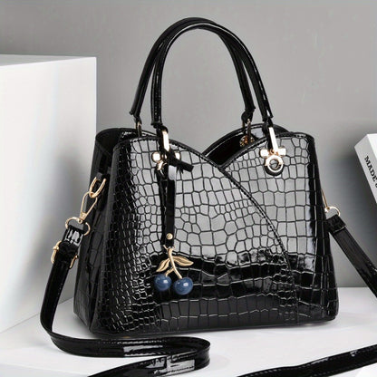 2022 Newest Trendy Women's Faux Crocodile-Texture Handbag with Cherry Pendant - Stylish Black and Red Shoulder and Crossbody Bag, Zip Closure, Polyester Lining, Edge Paint Detail, Crossbody Bag|Chic Shoulder Bag|Zippered Bag