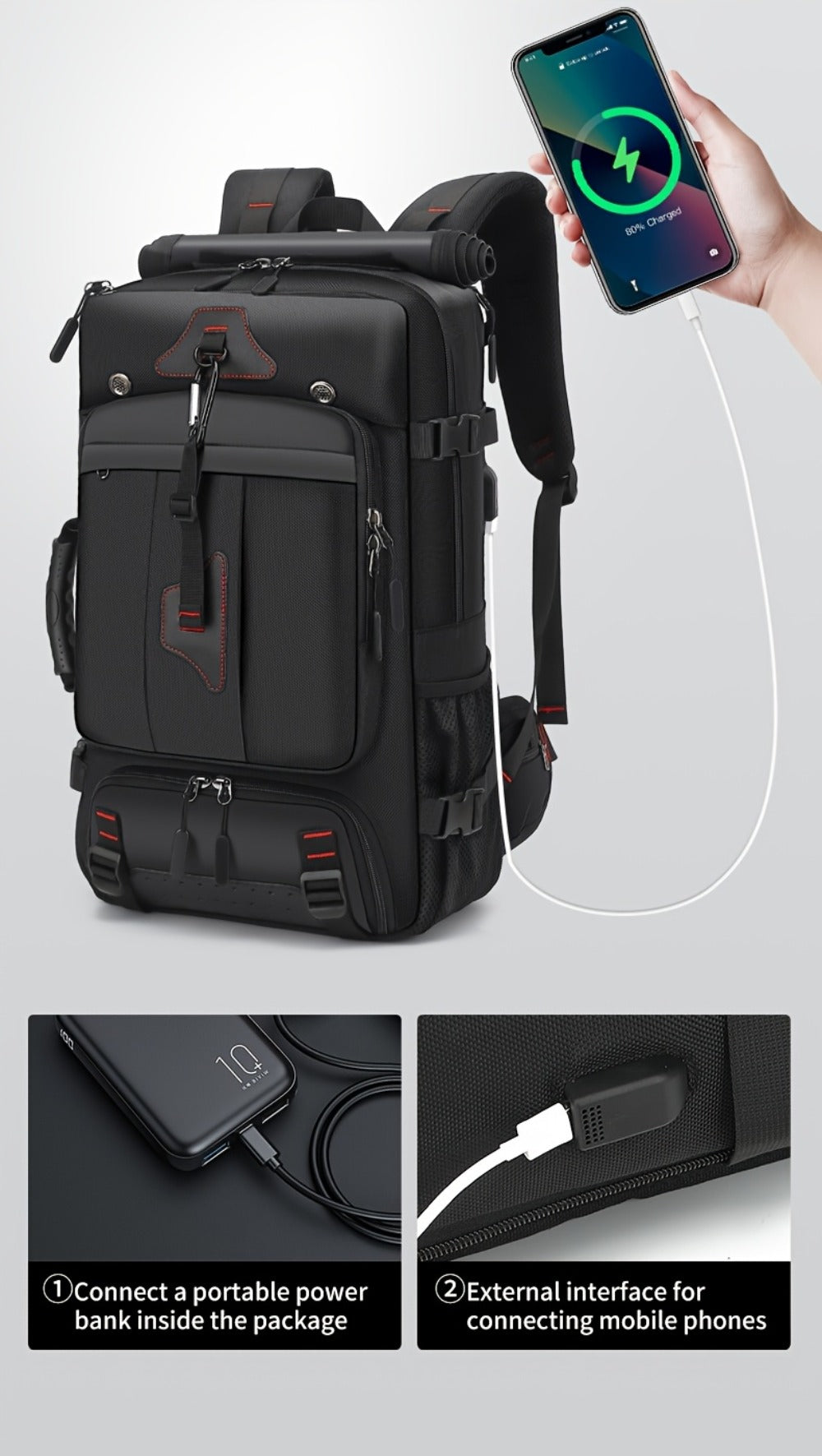 Travel Backpack, Portable Backpack, Large Capacity Duffel Bag Men's Outdoor Expandable Convertible Boarding Duffel Backpack, Black 21.13gal Hiking Bag, Fit 17 Inch Laptop, Suitable for Outdoor Travel Work Business