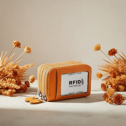 RFID Blocking Fashion Women ID Credit Card Holder Genuine Leather Double Zipper Lady Credit Card Case Wallet Large Capacity