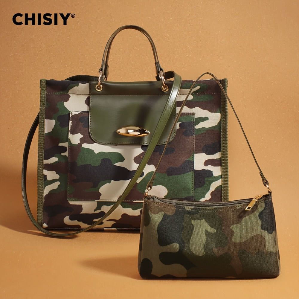 2pcs Camouflage Tote & Matching Handbag - Large Capacity Mother & Bag with PU Splicing Metal Buckle, Adjustable Strap, Zipper Closure - Retro Camo Tote for Army, Outdoor, Casual Use (Fabric)