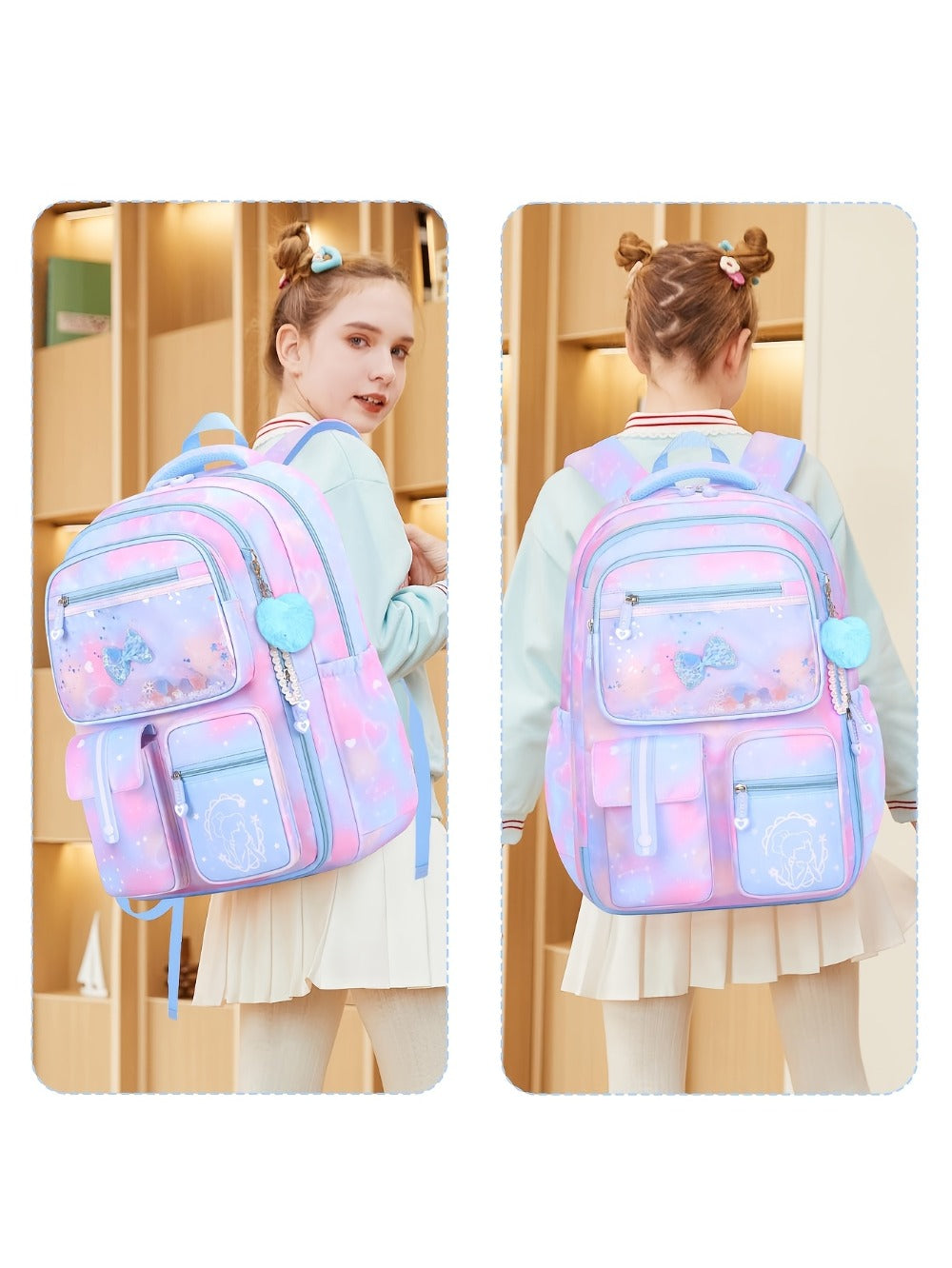2pcs Bxboat Large Capacity Girls' Backpack with Lunch Box Pocket & 15.6" Laptop Compartment - Cute Bowknot Design, Multiple Pockets, Durable Fabric School Backpack for Teen Girls, Travel & Outdoor (Pink & Blue), Girls' Backpack, for Teenager
