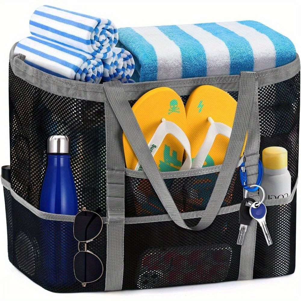 One Extra-Large Mesh Beach Tote Bag That Is Foldable And Easy to Carry, Perfect for Pool Outings, Boat Trips,, And Vacation Necessities. This Lightweight Swim Bag Features a Zipper And Additional Pockets for Organizing Your Essentials