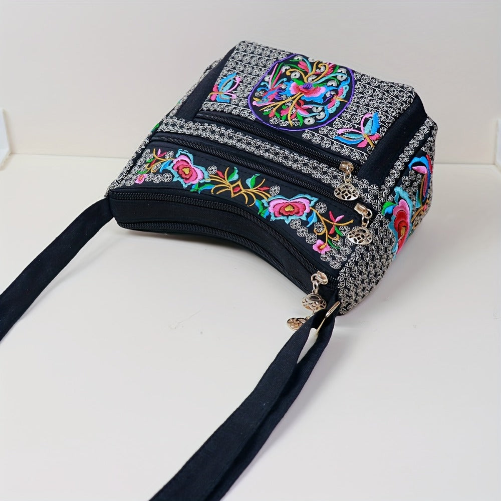 Retro Bohemian Flower Pattern Shoulder Bag, Classic Retro Zipper Crossbody Bag, Birthday Gift for Mom