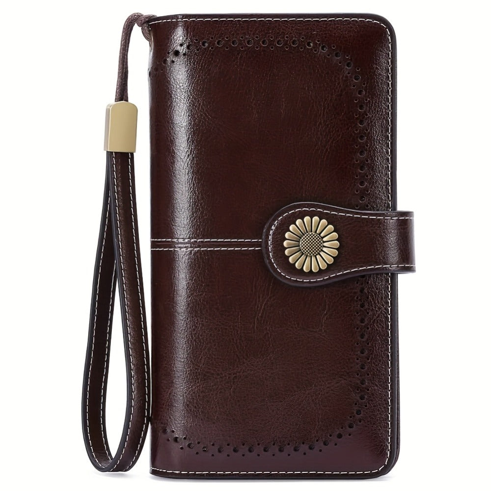 Wallets for Women RFID Blocking, Long Genuine Leather Wallet with 24 Card Slots & Phone Pocket, Large Capacity Zipper Wristlet, Gift Box for Daily Use, Sunflower Print