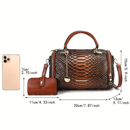 2pcs Retro Snake-Print Boston Bag - Large Capacity Crossbody/Handbag with Detachable Strap, Deep ///, Elegant Animal Pattern Handbags for & Travel, Durable & Easy Maintenance Suitable for Fashion