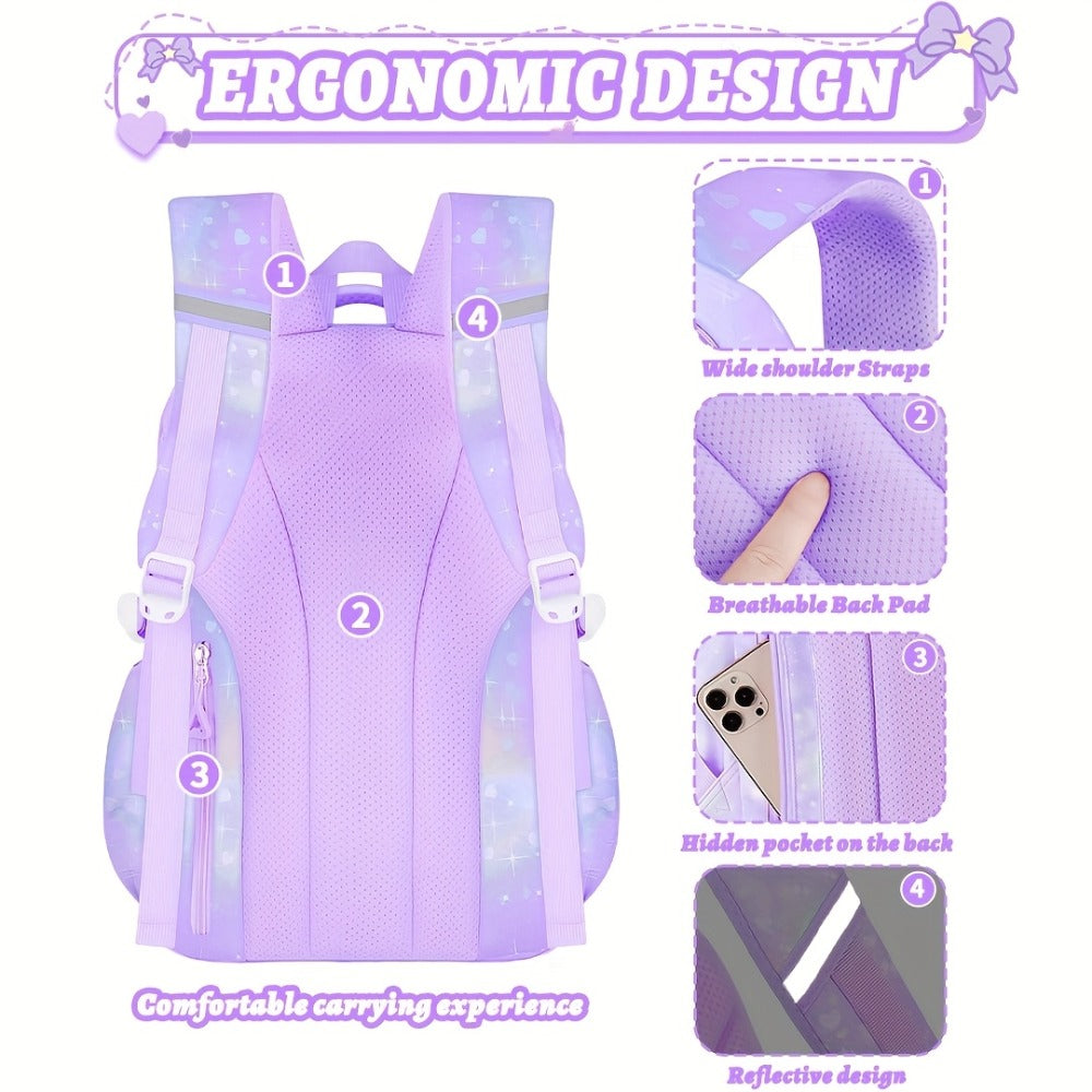 3pcs Girls' Large Capacity School Backpack with Lunch Box Holder & Pencil Case Suitable for Back to School, 15.6” Laptop Compartment, Adjustable Straps, Multi-Pocket Bookbag for Travel, Lunch Storage, Pencil for School Daily Use