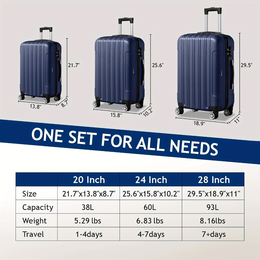 3In1 Set Includes 20-Inch, 24-Inch, 28-Inch Luggage with Scratch-Resistant Material, Super Light, Thickened, 3pcs Large-Capacity Suitcase