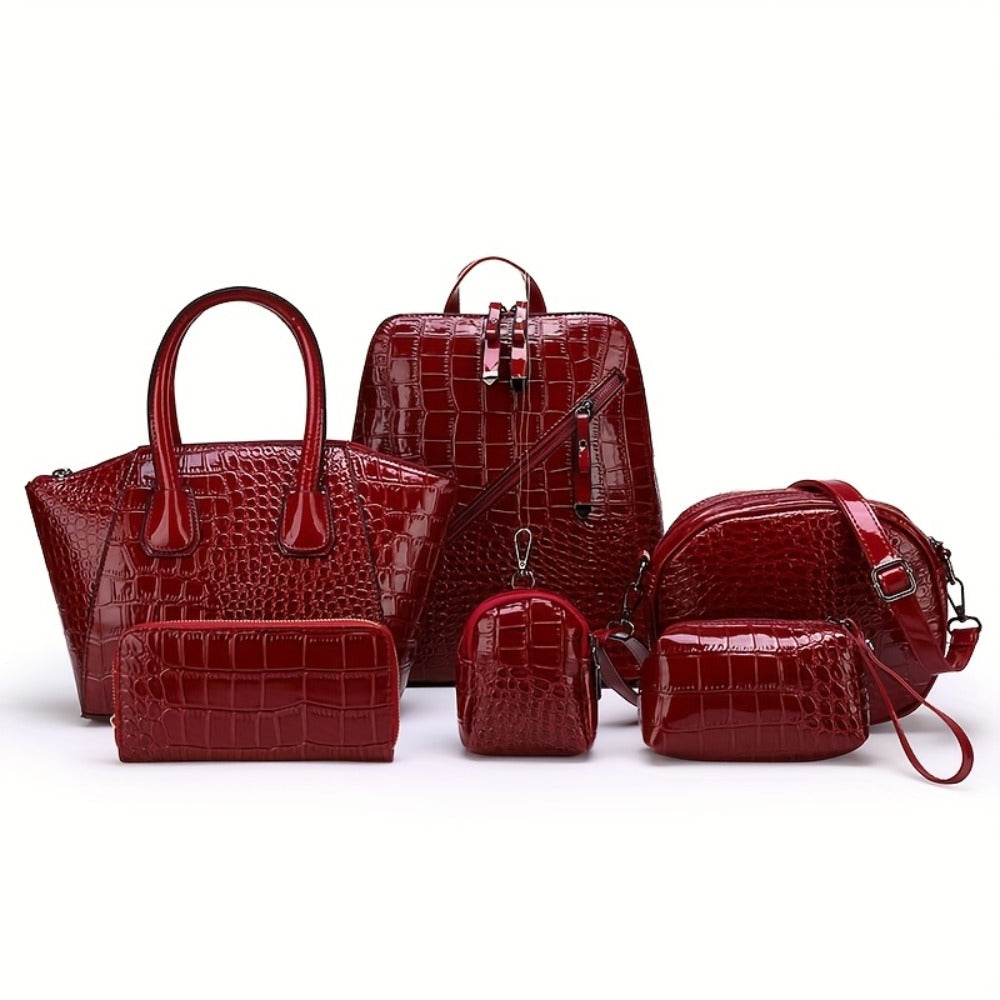 6pcs Set PU Minimalist Crocodile Embossed Women's Bag Set, High Cost Performance, Includes: Backpack, Tote Bag, Shoulder Bag, Clutch, Keybag, Wallet