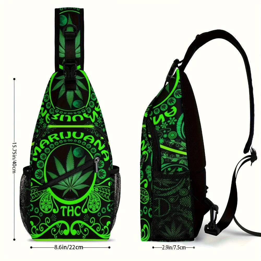 Green Leaf Flag Weeds Large Men'S Crossbody Bag, Chest Bag, Stylish And Durable, Casual And Versatile Chest Bag, with Zipper, Suitable for Leisure Vacation, Outdoor Sports And Daily Travel 2D Flat Printing