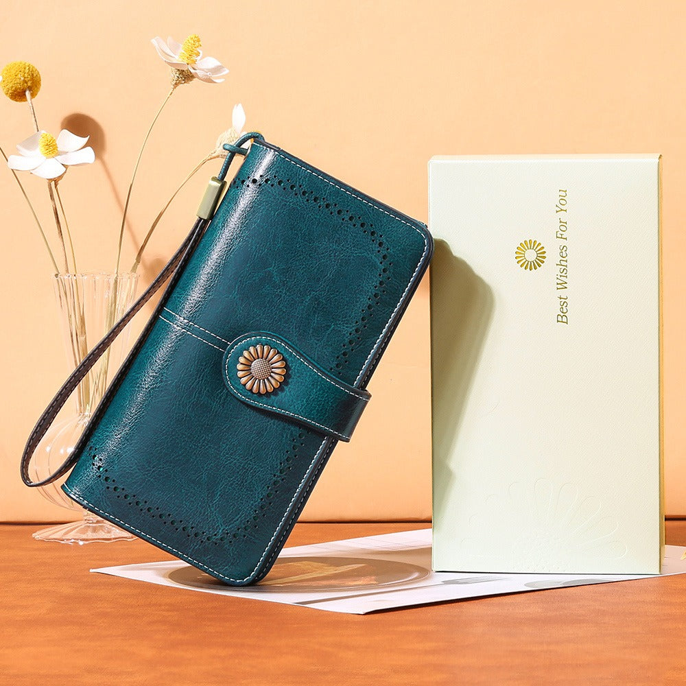 Wallets for Women RFID Blocking, Long Genuine Leather Wallet with 24 Card Slots & Phone Pocket, Large Capacity Zipper Wristlet, Gift Box for Daily Use, Sunflower Print