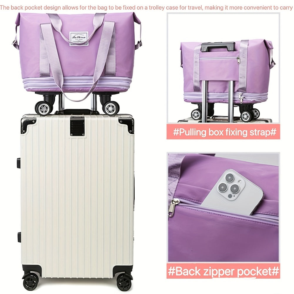 Expandable Rolling Duffle Bag with Detachable Wheels, Oxford Travel Tote, Multi-Functional Weekender Carry-On with Wet/Dry Compartment, Luggage Sleeve & Large Capacity for Women/Men
