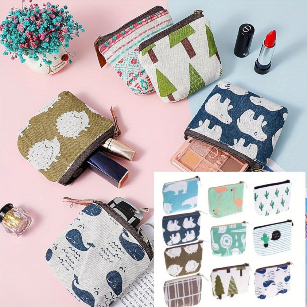 10pcs Canvas Mini Wallets: Zipper Closure with Various Adorable Patterns, Suitable as Coin Purses, Card Holders, and Small Item Bags; Showcases Personality