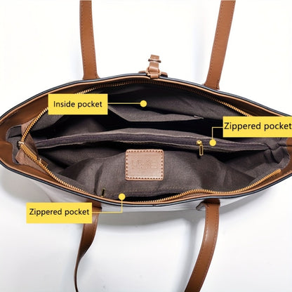 Women's Minimalist Large Capacity Tote Bag - Black with Brown Accents, Durable & Zipper Closure, Sturdy Fixed Shoulder Straps for Office, Commute, Work & Casual Use